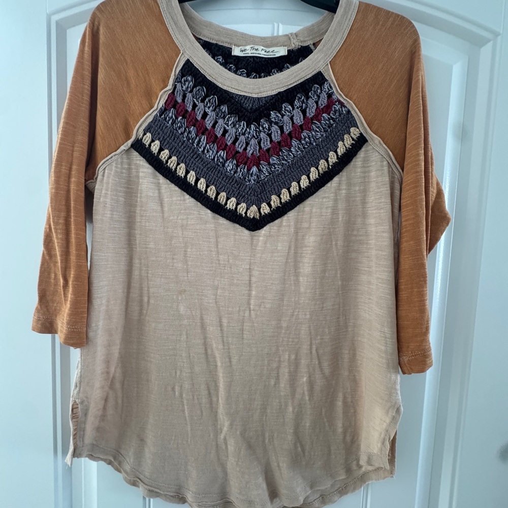 We The Free people Tan and Brown Raglan Graphic Blouse